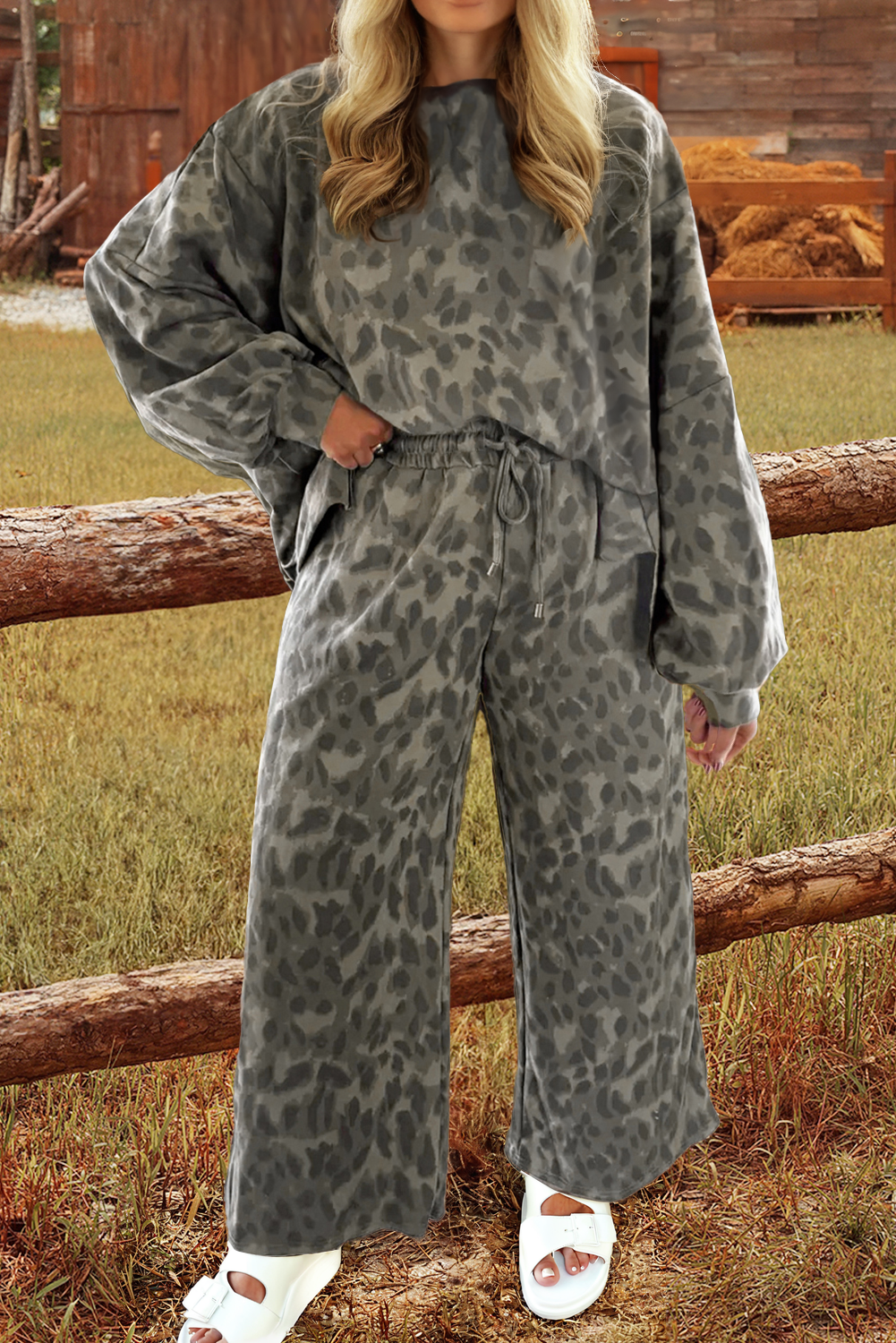 Leopard Raw Seam  Pullover Set